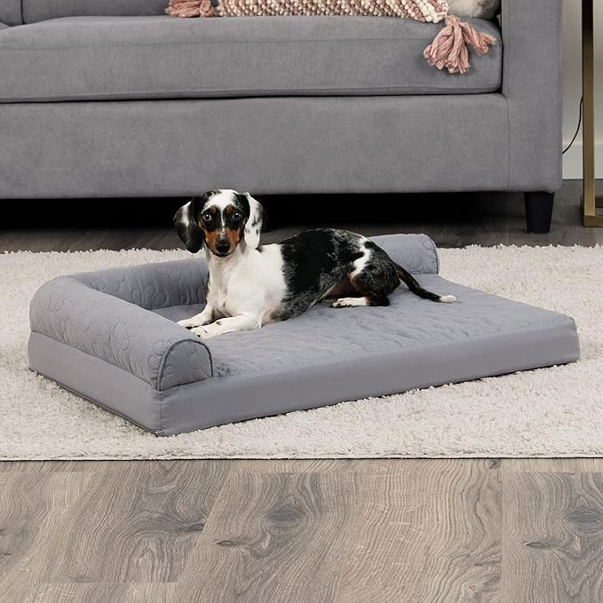 Furhaven Cooling Gel Dog Bed for Medium/Small Dogs w/ Removable Bolsters & Washable Cover, For Dogs Up to 35 lbs - Pinsonic Quilted Paw L Shaped Chaise - Titanium, Medium-PawvioPets