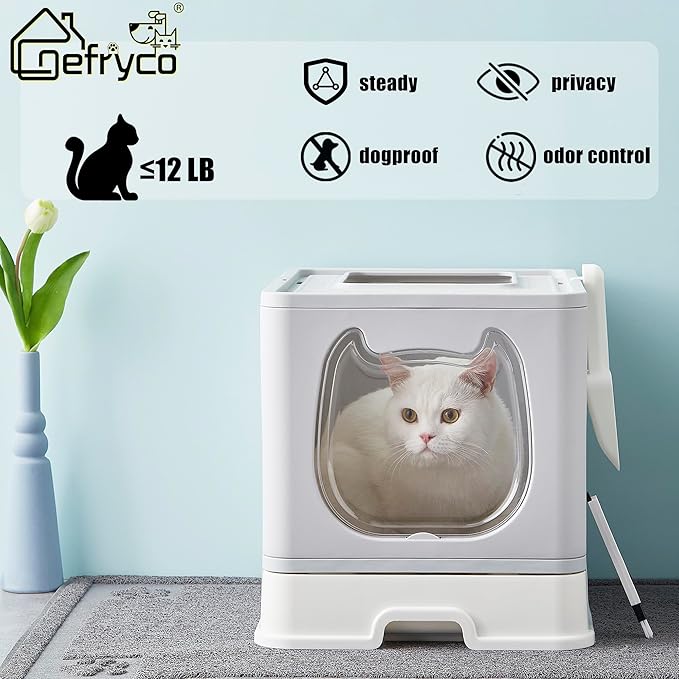 Gefryco Litter Box with Lid for Small to Medium Cats, Enclosed Cat Litter Box with Cover，High Sided Top Entry Cat Box with Brush and Scoop, Cute Kitty Litter Pan with Drawer for Growing Kittens(Grey)-PawvioPets