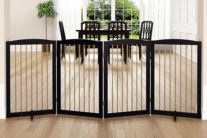 Freestanding Pet Gate for Dogs, Indoor Wooden Dog Gate for House, Foldable Dog Gate for Doorway, Stair, Step Over Pet Puppy Safety Fence Tall, 80 Inch Wide, 4 Panels 32", Black & Gold-PawvioPets