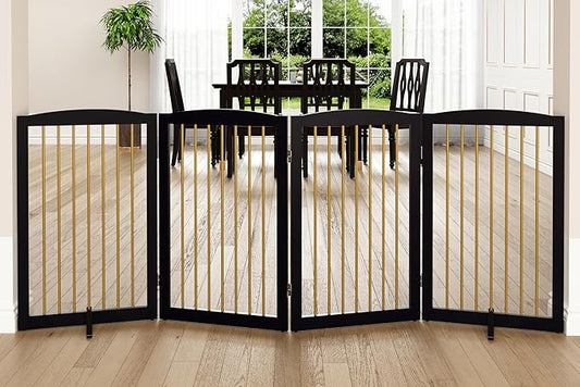 Freestanding Pet Gate for Dogs, Indoor Wooden Dog Gate for House, Foldable Dog Gate for Doorway, Stair, Step Over Pet Puppy Safety Fence Tall, 80 Inch Wide, 4 Panels 32", Black & Gold-PawvioPets