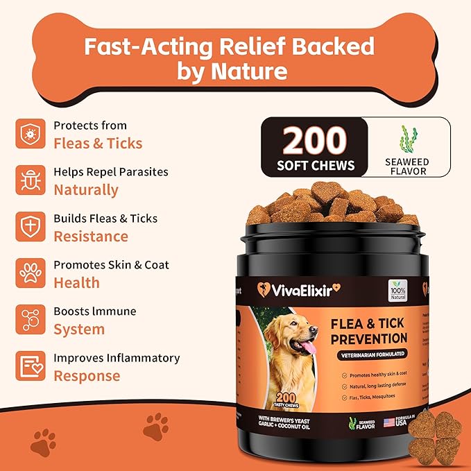Flea and Tick Prevention for Dogs – 200 Soft Chews - Dog Flea and Tick Treatment & Oral Flea Pills – Skin & Coat Health - Made in USA - for Small, Medium, Large Dogs-PawvioPets