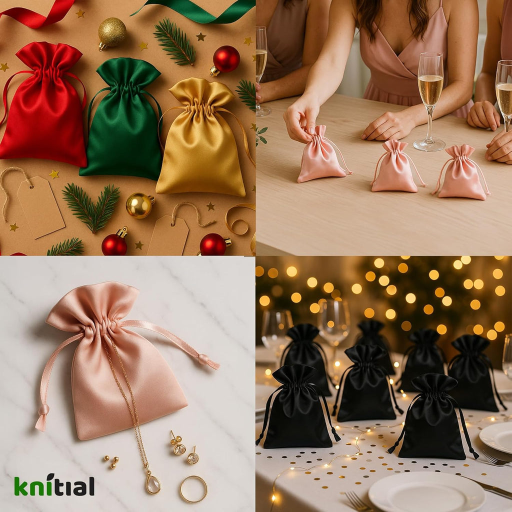 Knitial 6" x 9" Light Pink Satin Gift Bags, Jewelry, Wedding Favor Silky Drawstring Bags Baby Shower Christmas 50 Count