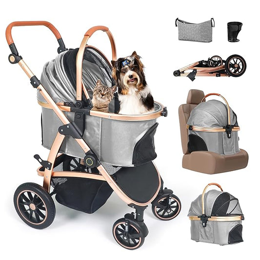 3 in 1 Pet Stroller - Stroller for Small to Medium Dogs and Cats up to 55 lbs, with Detachable Carrier/Car Seat, Foldable and Lightweight, Detachable Cushion + Cup Holder (Gray)-PawvioPets