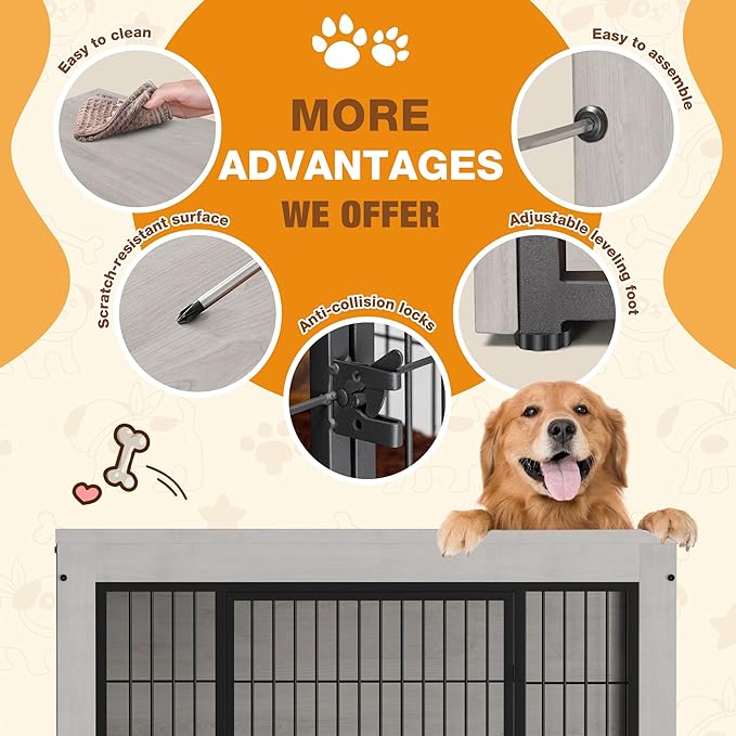 Bigrab Dog Crate Furinture with Thick Cushion, Side End Table Wooden Dog Cage with Double Doors, Chew-Resistant Dog Kennel Dog House Indoor for Small to Large Dog, M (Grey)-PawvioPets