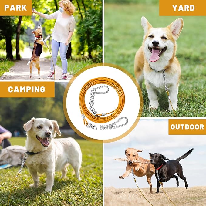 Dog Tie Out Cable - 10/15/20/25/30FT Heavy Duty for Large Dogs Up to 250LBS - Rosy Pink/Blue/Purple/Silver/Red/Green/Yellow-PawvioPets