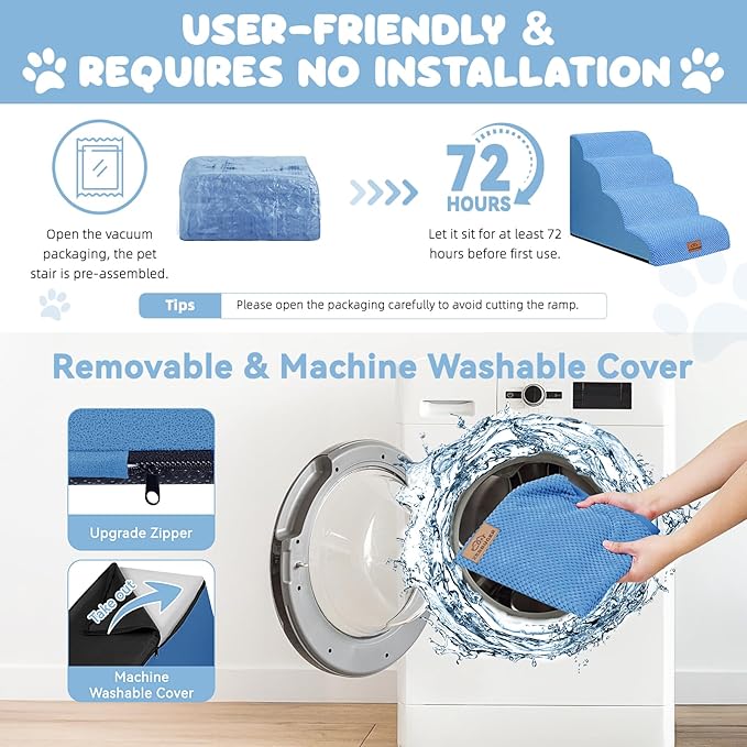 Dog Ramp and Stair for Bed 16" H-20 H,3-Step Cat Stair for Sofa and Chair,4-Step Dog Ramp for High Bed and Window,Durable Nonslip Fabric Cover for Indoor (Blue-20“H, Pet Friendly, 4)-PawvioPets