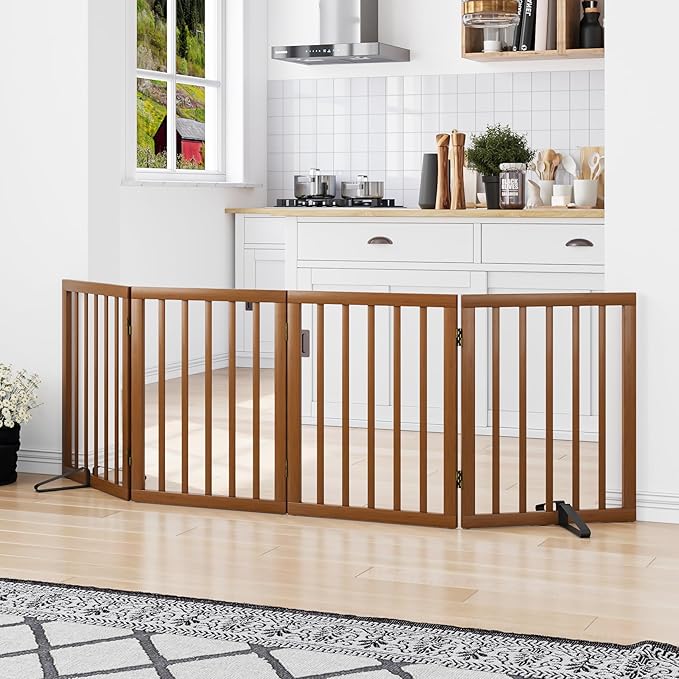 Freestanding Pet Gate Foldable 4 Panel Dog Gate Walnut Dog Gates for Stair Doorways House Indoor (2 Support Feet Included)-PawvioPets