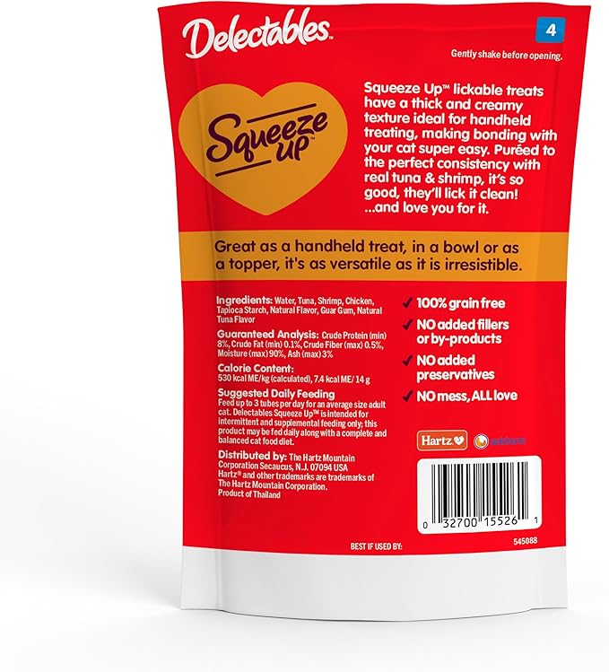 Delectables Squeeze Up Creamy Squeezable Puree, Lickable Wet Cat Treats, Grain Free, No Added Fillers, No By-Products, No Added Preservatives, 0.5 Ounces Tuna & Shrimp, 32 Tubes Total-PawvioPets