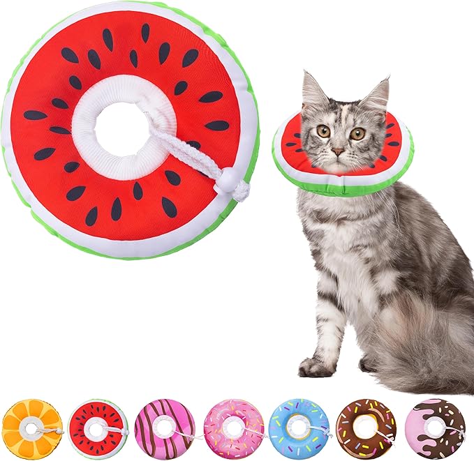 Cat Cone Collar Soft, Adjustable Cat Recovery Collars Kitten Cones to Stop Licking, Cute Donut E Collar After Surgery, Wound Healing Elizabethan Collar for Kittens (Watermelon, Medium)-PawvioPets