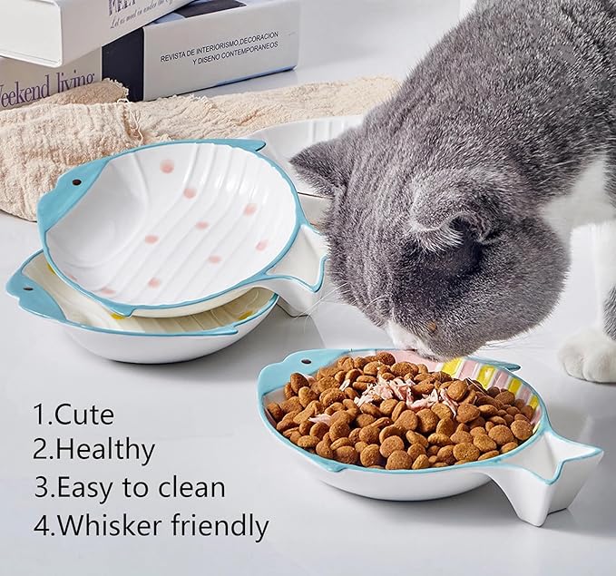 Double Whisker Friendly Ceramic Cat Food Dishes, Cute Shallow Anti Whisker Fatigue Wide Cat Bowl for Indoor Cats, Whisker Relief Flat Cat Plates for Wet Food, Small Pet Kitten Feeding Dish-PawvioPets