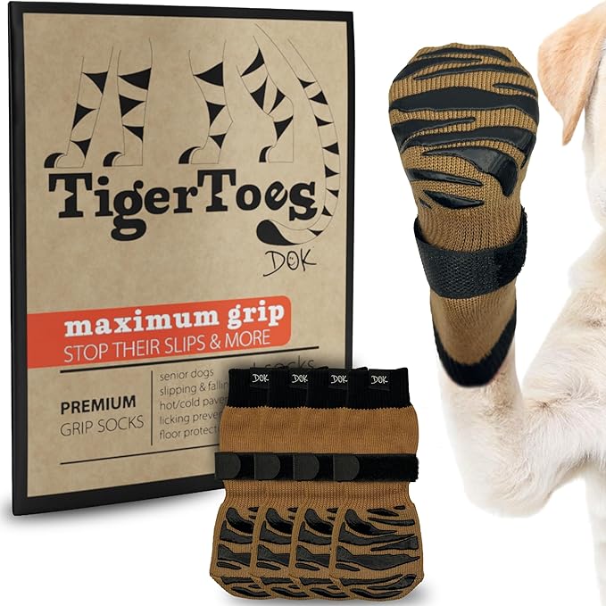 DOK TigerToes Premium Non-Slip Dog Socks for Hardwood Floors - Extra-Thick Grip That Works Even When Twisted - Prevents Licking, Slipping, and Great for Dog Paw Protection (Cool Caramel, X-Small)-PawvioPets