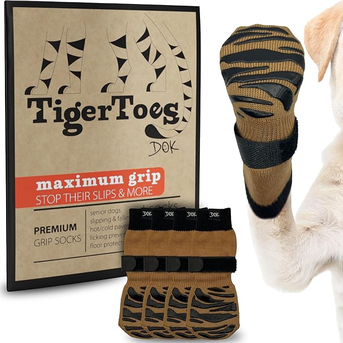 DOK TigerToes Premium Non-Slip Dog Socks for Hardwood Floors - Extra-Thick Grip That Works Even When Twisted - Prevents Licking, Slipping, and Great for Dog Paw Protection (Cool Caramel, X-Large)-PawvioPets