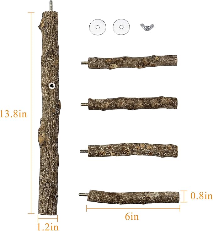 Bird Perch Stand Toy, Natural Wood Parrot Perch Bird Cage Branch Perch Accessories for Parakeets Cockatiels Conures Macaws Finches Love Birds(L: 13.8" Length)-PawvioPets
