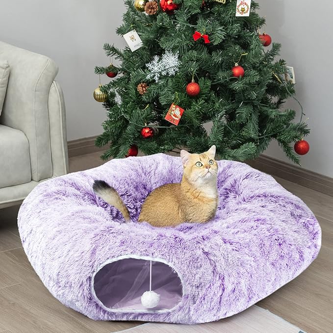 AUOON Cat Tunnel Bed for Indoor Cats - Circle Peekaboo Cat Cave with Washable Mat for Indoor Cats Kitten Kitty Puppy Rabbit Ferret (Purple)-PawvioPets