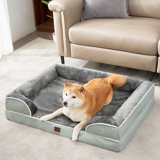 EHEYCIGA Orthopedic Dog Bed for Medium Dogs, Waterproof Memory Foam Medium Dog Beds with Sides, Non-Slip Bottom and Egg-Crate Foam Pet Couch Bed with Washable Removable Cover, Greyish Green-PawvioPets