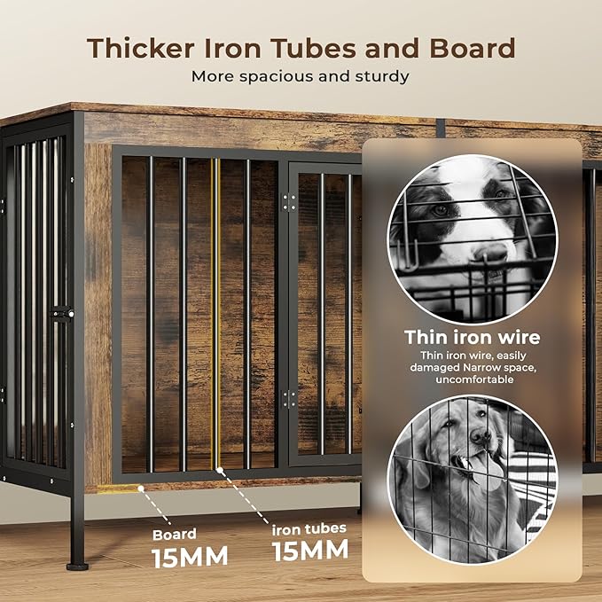 78 Inch Dog Cage Furniture for 2 Large/Medium Dogs with Removable Divider, Extra Large Double Doors Dog Kennel, XXL Thick Wooden Dog cage Furniture, Durable and Sturdy, Brown-PawvioPets