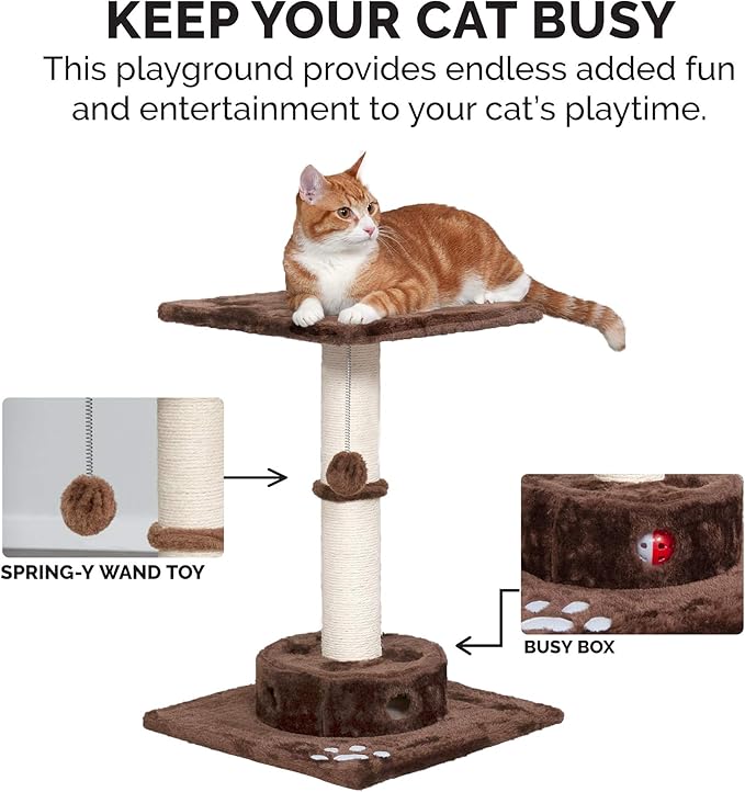 Furhaven 22.5" Tall Cat Tree for Indoor Cats, Ft. Sisal Scratching Post, Plush Ball Toy, & Busy Box Toy - Tiger Tough Scratching Post Interactive Playground - Brown, One Size-PawvioPets
