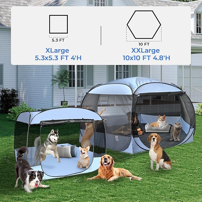 EighteenTek XLarge Popup Portable Dog Houses, 5.3'x4'H Assembly-Free Gazebo-Style Dog Cot Cat Playpen Screen Pet Tent Sun Shade Shelter Dog Bed with Canopy for Outdoor, Anti-Bugs with Leakproof Bottom-PawvioPets