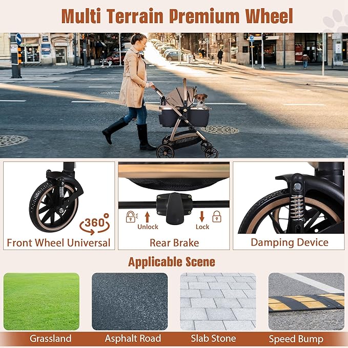 3 in 1 Multifunction Pet Stroller for Small Medium Dogs Cats, No-Zip Dog Stroller with Detachable Carrier & Cup Holder, One-Hand Quick Fold, 4 Wheels Travel Foldable Aluminum Alloy Frame Up to 33 lbs-PawvioPets