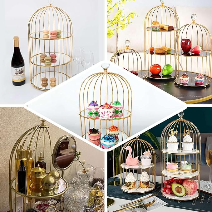 Efavormart 22" - 3 Tier Crystal Mirror Top Gold Metal Bird Cage Cupcake Cake Stand, Dessert Display for Wedding, Party, Birthday, Baby Shower Celebrations, Home Decorations-PawvioPets