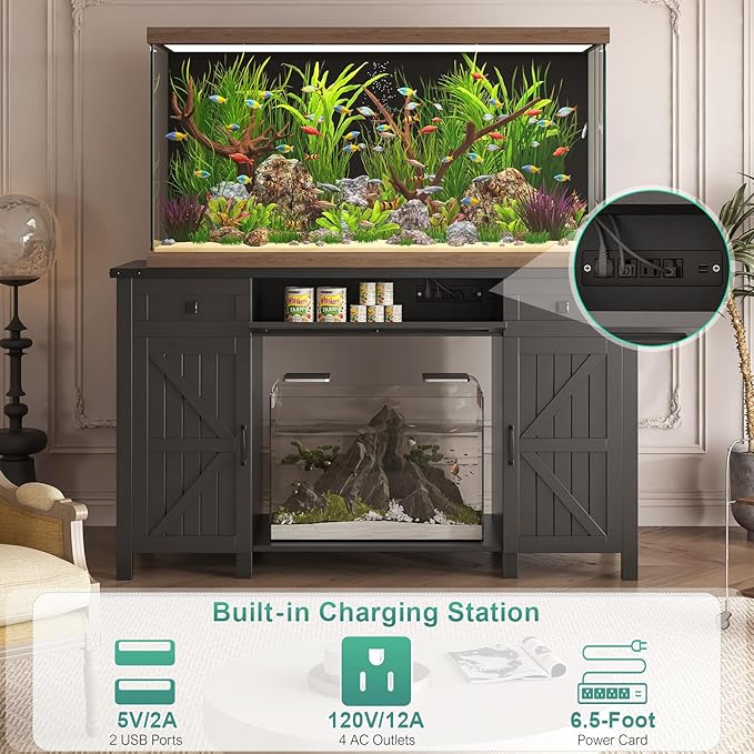55-75 Gallon Aquarium Stand With Charging Station, Farmhouse Fish Tank Stand, Reptile Tank Stand Terrarium Stand with Drawer and Cabinet Storage, Sturdy Heavy Duty 53.5"×19.7" Tabletop - Black-PawvioPets