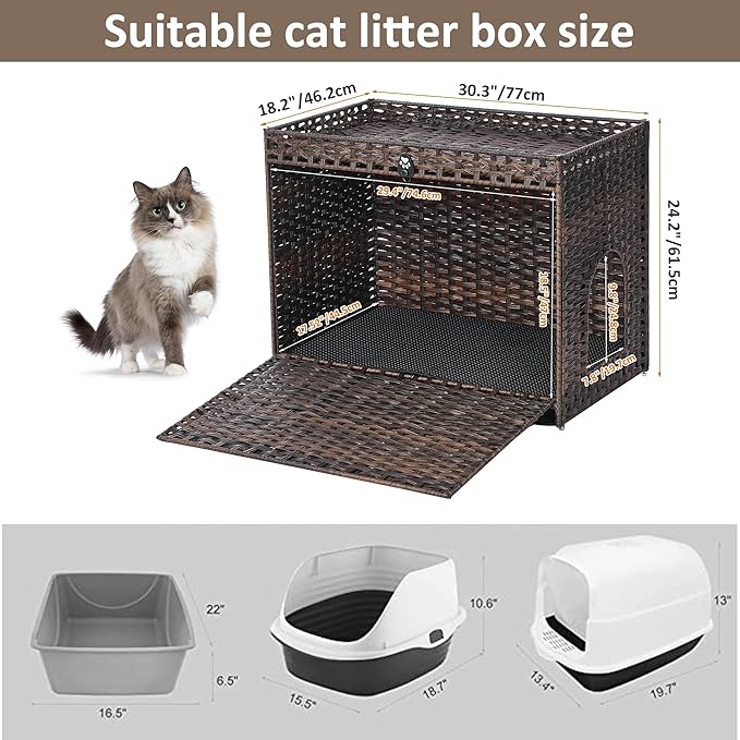 Cat Litter Box Enclosure with Soft Litter Mat; Hidden Cat Washroom Furniture with Door; Handwoven Rattan Cat House with Large Space; Pet Crate for Living Room, Bedroom, Balcony (Brown)-PawvioPets