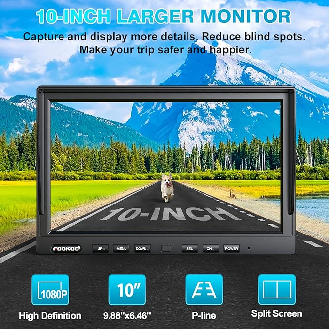 Fookoo 1080P 10" Wireless Backup Camera System, 10" Dual/Quad Split Monitor with Recording, IP69 Waterproof Rear/Front View Cameras, Parking Lines for RV/Truck/Trailer/Van(DW102)-PawvioPets