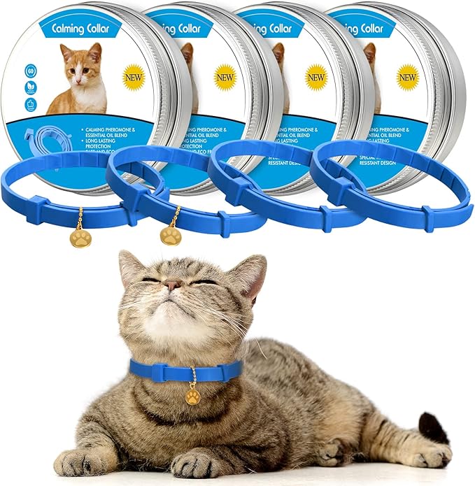 4 Pcs Cat Calming Collar Adjustable Lavender Scent Relaxing Cat Collar with 2 Pendant for Puppies Reduce Stress Aggression Anxious, up to 15 Inches(Blue)-PawvioPets