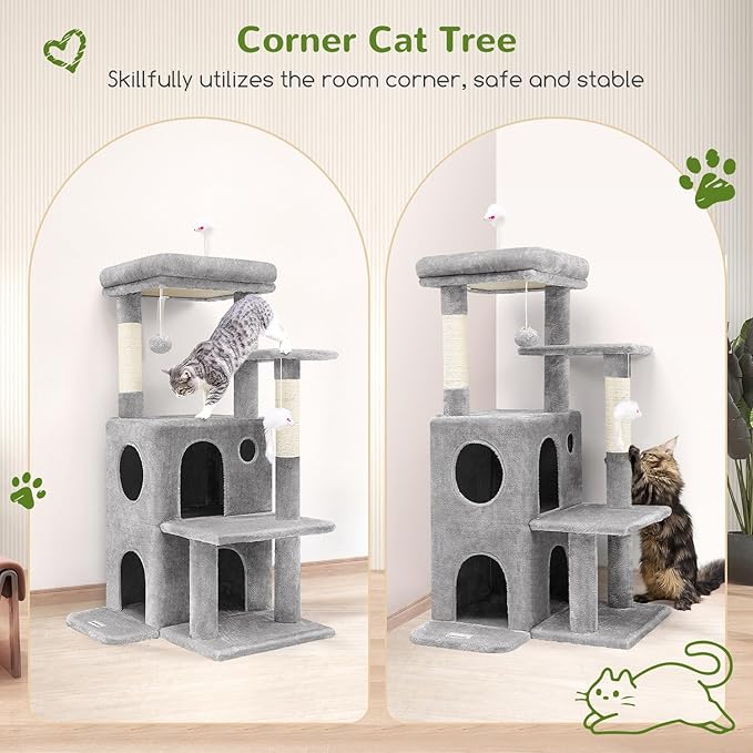 Globlazer Cat Tree Tower for Indoor Cats, 50-inch Adult Cat Tree House for Large Adult Cats with Steps, Scratching Post, 2 Cat Caves, Dangling Toys, FC50, Light Grey-PawvioPets