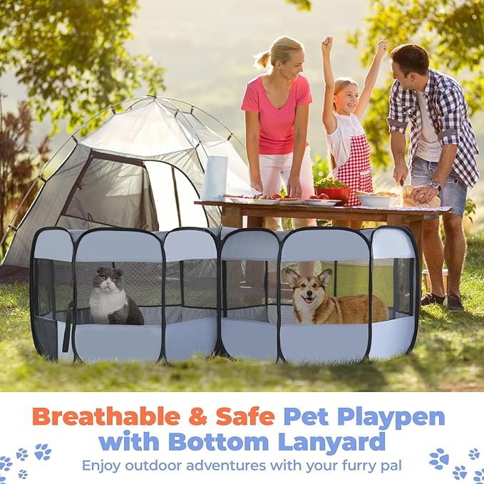 2-in-1 Dog Playpen, Pop Up Cat Puppy Pet Playpen, Indoor Outdoor Cats Enclosed, Cat Tent Crate Cage Kennel, Portable Playpen for Kitten and Small Animals(No Divider, Unified Space)-PawvioPets