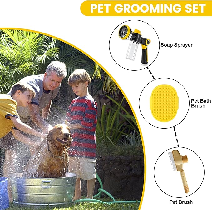 Dog Washing Hose Attachment, 10-in-1 Soap Sprayer Moden Garden Hose Nozzle with 100cc Soap Dispenser, Dog Wash Supplies with Dog Bath Brush & Pet Comb, Foam Gun Car Wash Sprayer (Yellow)-PawvioPets