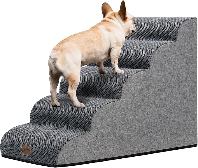 GoGoBunny Ramp Dog Stairs for High Beds 22.6" H, 5-Step Dog Slope Stairs with Durable Waterproof Fabric Cover, Pet Steps for Old Large Dogs Climbing, Non-Slip Sturdy Indoor Step, Grey-PawvioPets