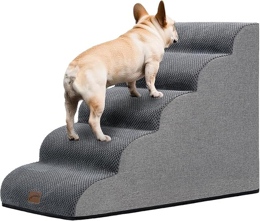 GoGoBunny Ramp Dog Stairs for High Beds 22.6" H, 5-Step Dog Slope Stairs with Durable Waterproof Fabric Cover, Pet Steps for Old Large Dogs Climbing, Non-Slip Sturdy Indoor Step, Grey-PawvioPets