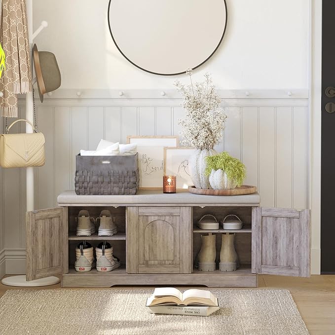 DINZI LVJ Shoe Bench, Entryway Storage Bench with Doors, Cushion, 2-Tier Shoe Rack with 6-Cubby, 39.4”L x 13.8”W Shoe Organizer Cabinet, Adjustable Shelf, Living Room, Bedroom, Greige-PawvioPets