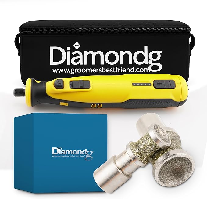 Diamondg Cordless Dog Nail Grinder with Quiet Sound & LED Tip for Large & Small Dogs, 4hrs. Runtime, 2 Bits Included, Yellow-PawvioPets