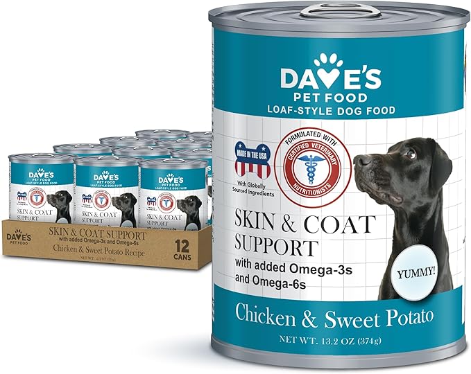 Dave's Pet Food Sensitive Skin Dog Food for Skin and Coat (Chicken & Sweet Potato), Wet Canned, Made in USA, 13.2oz Cans (12 Pack)-PawvioPets