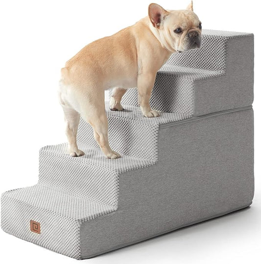 EHEYCIGA Dog Stairs for High Bed 22.5" H, 5-Step Dog Steps for Bed, Pet Steps for Small Dogs and Cats, Non-Slip Balanced Pet Ramp Indoor, Light Grey-PawvioPets