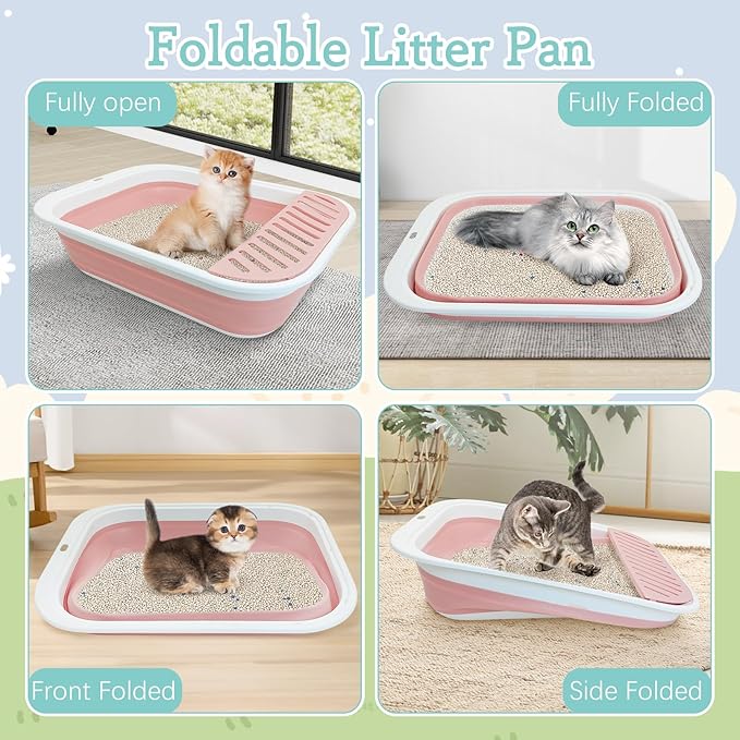Fhiny Cat Litter Box Portable Shallow Litter Box 17.7"x13.4"x4.9" Foldable Cat Toilet with Scoop Open Kitty Potty Pan with Litter Drop Pedal Easy to Clean Travel Kitten Toilet(Pink)-PawvioPets