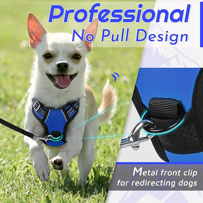 Eagloo Small Dog Harness No Pull, Service Vest with Reflective Strips and Control Handle, Adjustable and Comfortable for Easy Walking, No Choke Pet Harness with 2 Metal Rings, Blue, XS-PawvioPets