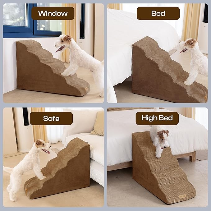 Dog Stairs for High Beds Up to 26-30", 5-Step Foam Pet Ramp with Washable Cover, Gentle Slope Steps, Bed & Couch Ladder for Small Medium Dogs & Senior Cat, Puppy Stairs to Get on Tall Furniture-PawvioPets
