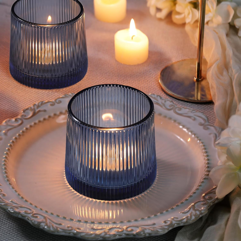 DARJEN Blue Ribbed Tealight Votive Candle Holders- 6Pack Glass Candle Holders for Table Centerpiece, Wedding Decor, Home Decor, Party Dinner