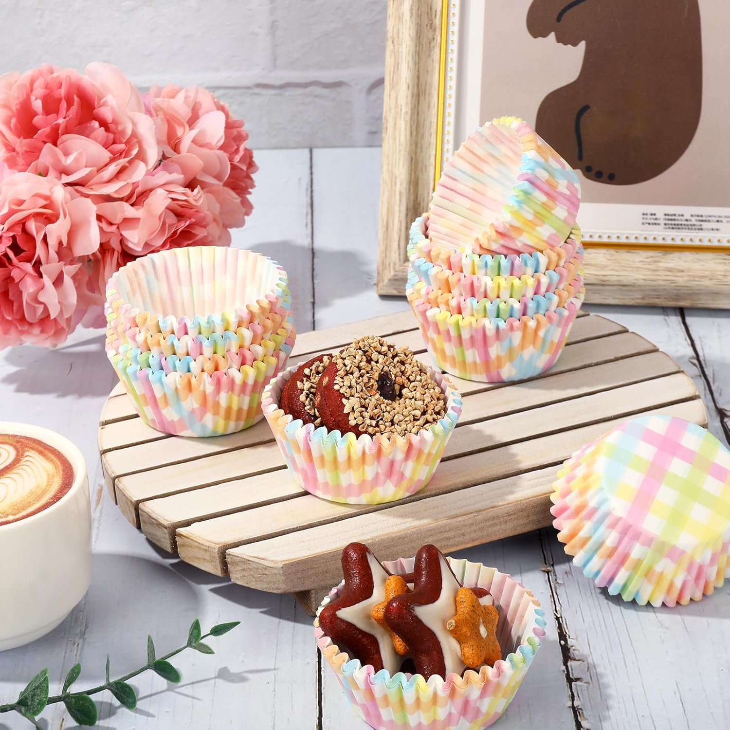 Whaline 300Pcs Pastel Plaid Paper Baking Cups Colorful Checkered Cupcake Liners Muffin Liner Cake Paper Cups Storage Container for Spring Party DIY Craft, 2x1.2 Inch
