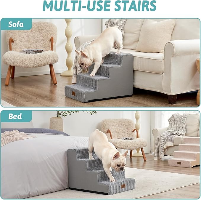Dog Stairs for Small Dogs, 4 Tier Wider Pet Stairs for Couch and Beds, 17.7" H Non-Slip Dog Steps for Old Cats, Puppy, Small Medium Dogs, 17.7x23.6x17.7 inch, Grey-PawvioPets