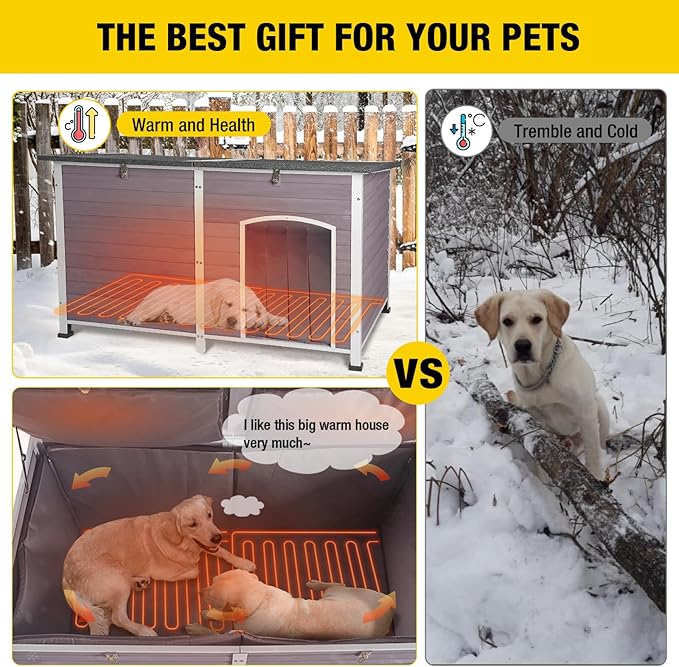 Aivituvin Dog House Insulated Outdoor Dog Kennel with Heated Liner for Winter 59" Extra Large Insulated Dog Cage with Heater,All-Around Iron Frame(Grey)-PawvioPets