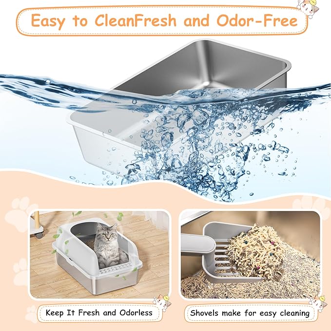 2 Pack Stainless Steel Litter Box, 24'' XL Extra Large Cat Litter Box with Lid, Metal Litter Boxes for Multiple Cats, Anti-Leakage,Non-Stick, Easy to Clean, Included Cat Litter Mat, Scoop-PawvioPets