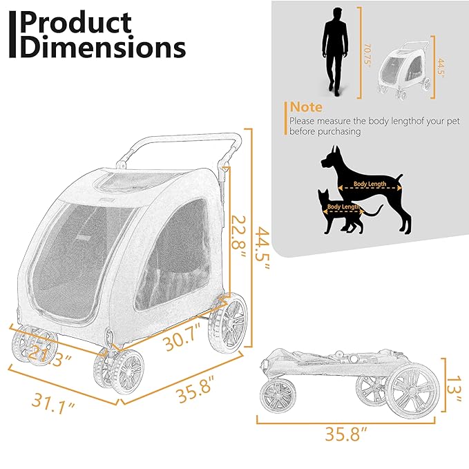 Extra Large Dog Stroller for Medium & Large Pets - Foldable Design, Adjustable Handle, Up to 130 lbs(Black)-PawvioPets