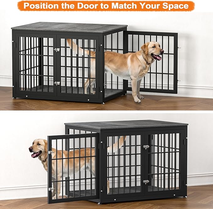 42 Inch Heavy Duty Dog Crate Furniture for Large and Medium Dogs, Decorative Pet House End Table, Wooden Cage Kennel Furniture Indoor, Gray-PawvioPets