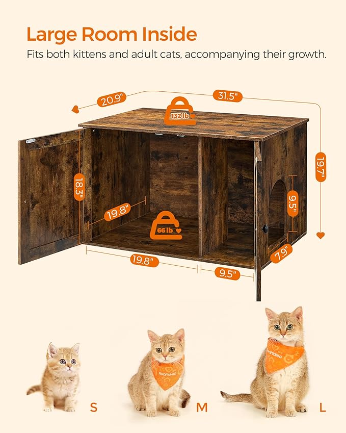 Feandrea Cat Litter Box Enclosure, Litter Box Furniture Hidden with Removable Divider, Indoor Cat House, End Table, 31.5 x 20.9 x 19.7 Inches, Rustic Brown UPCL002X01-PawvioPets