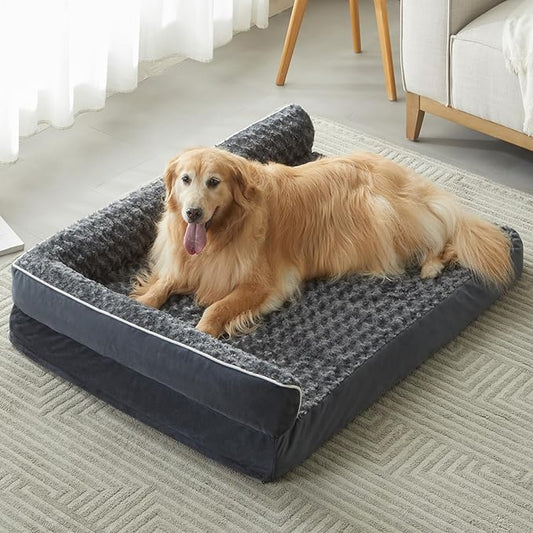 BFPETHOME Extra Large Orthopedic Dog Bed, L-Shaped Pet Bed for Dogs up to 100 lbs, Waterproof, Removable Washable Cover, Non-Slip Base, 48 x 35 x 7.5 inches, Dark Grey-PawvioPets