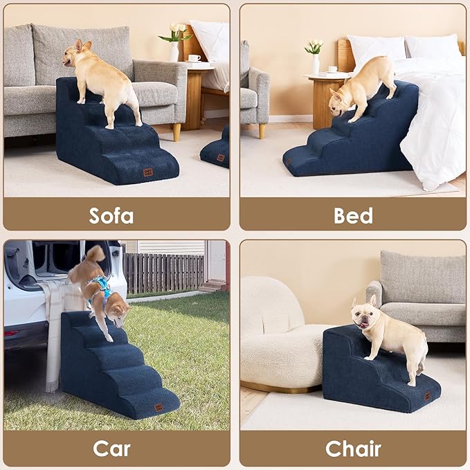 EHEYCIGA Curved Dog Stairs Ramp for High Beds 19.7" H, 4-Step Dog Steps for Small Dogs and Cats, Pet Stairs for High Bed Climbing, Non-Slip Balanced Pet Step Indoor, Navy-PawvioPets